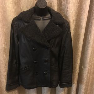 Genuine leather warm winter coat shearling trim